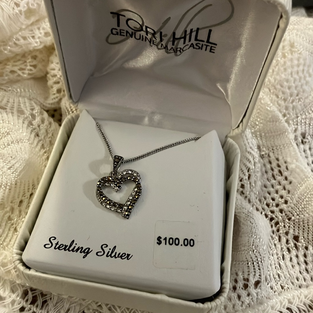 Ladies Sterling Silver Genuine, Marcasite And Crystal Heart Pendant Necklace #35